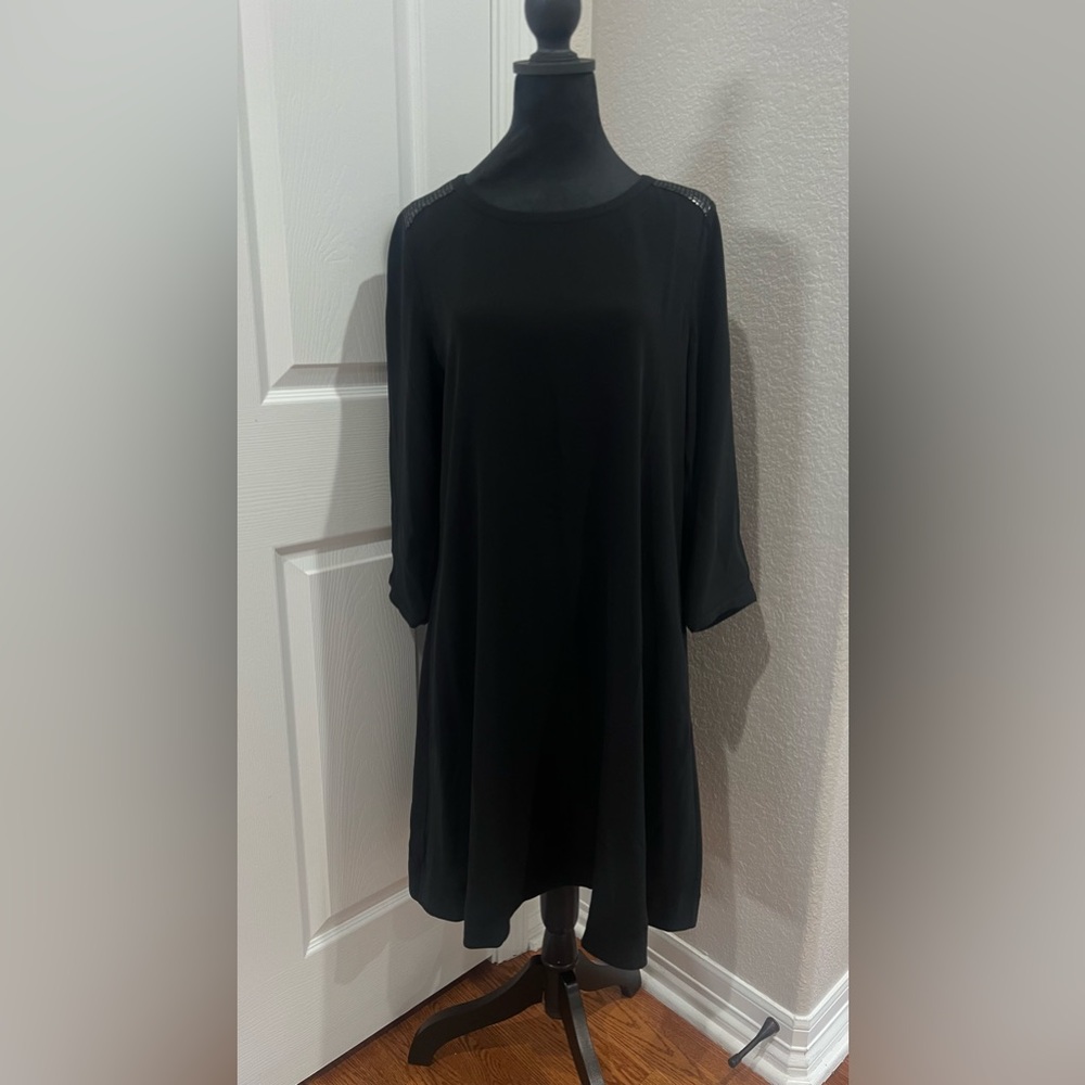 Eileen Fischer Dress SZ S/P Black Silk Georgette Crepe Swing Sequins Bateau Neck